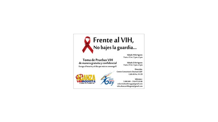 Alianza VIH Bogotá junto con el Centro Comunitario LGBT de la localidad de Chapinero invitan a hombres y mujeres a realizarse la prueba del VIH.