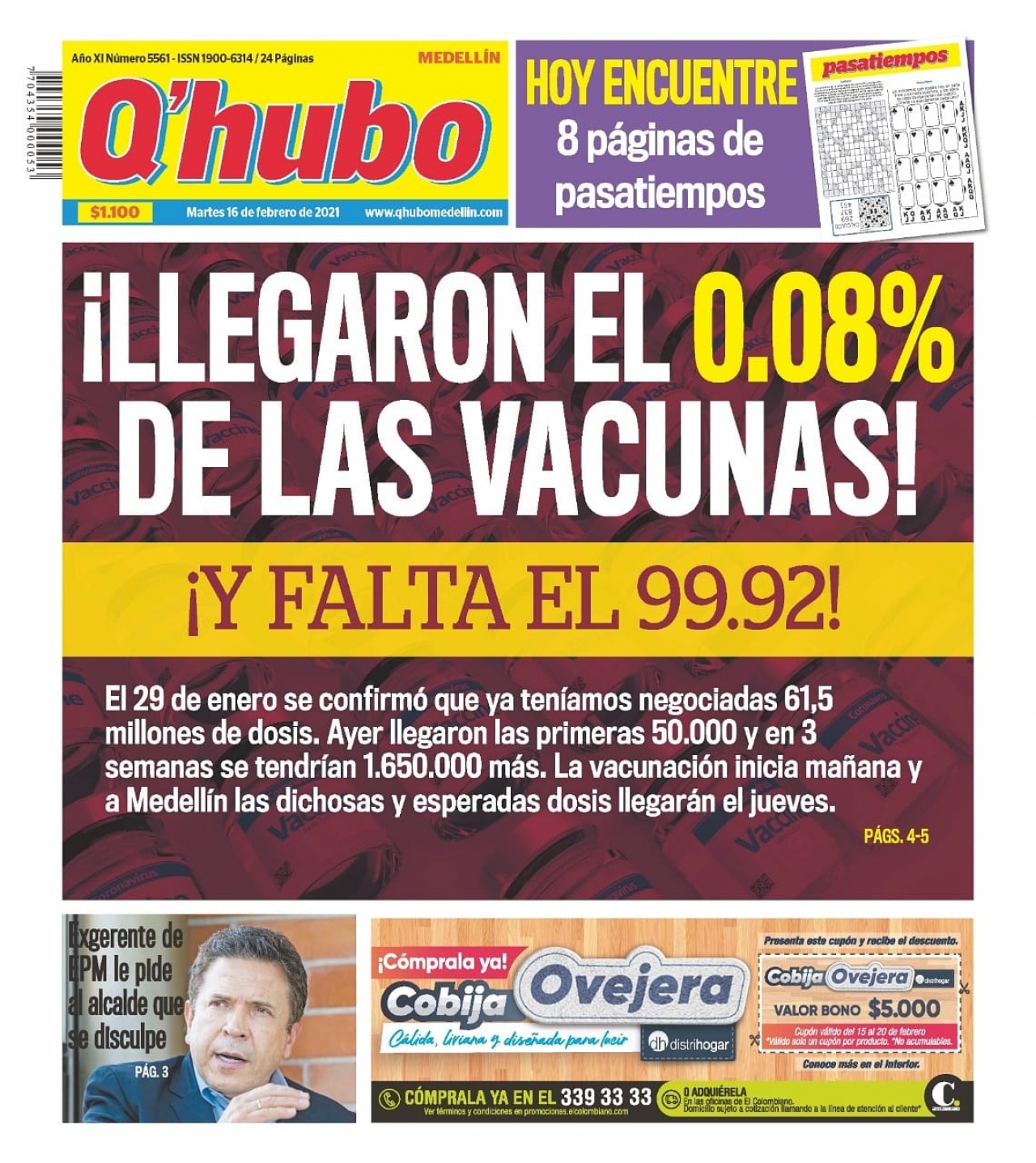 Portada del diario Q'hubo|Programa de vacunación en Colombia.||||