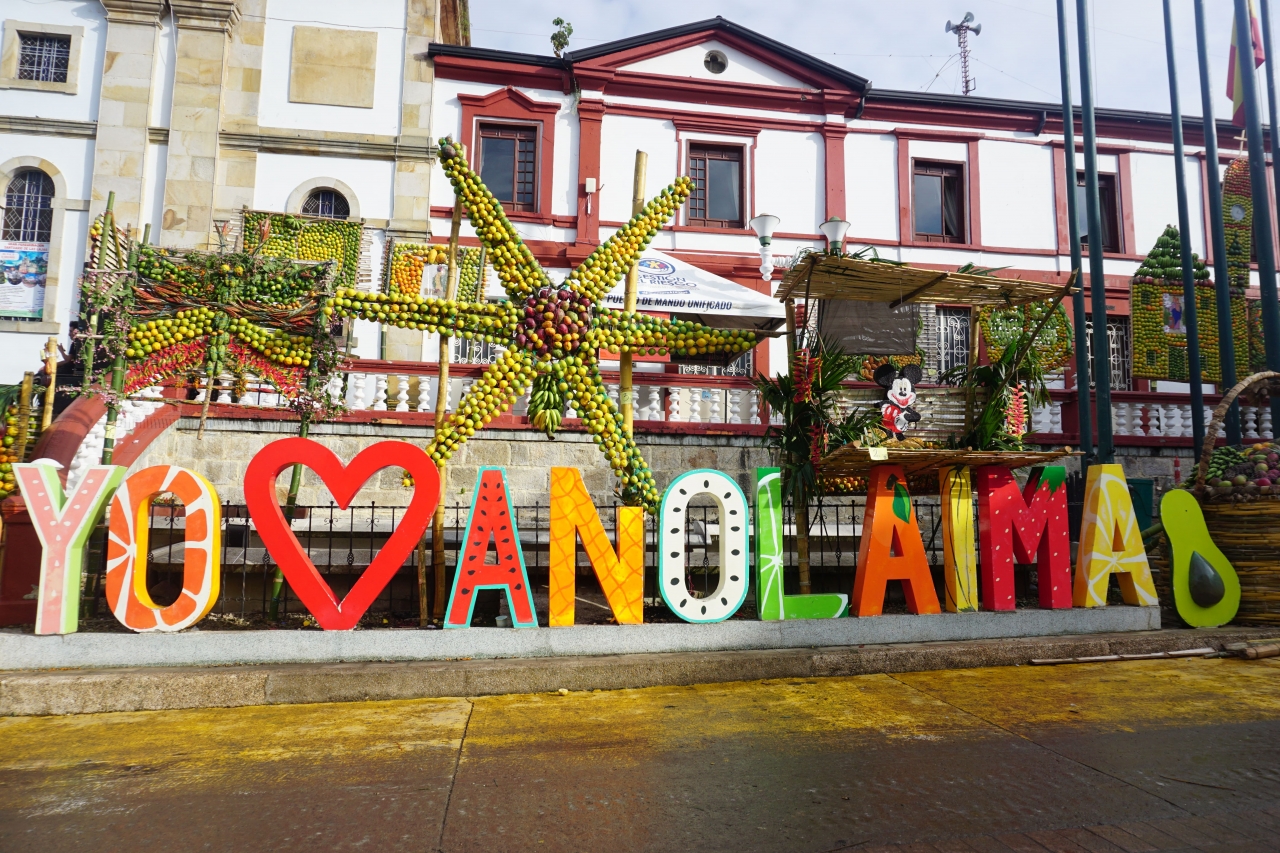 El letrero "Yo amo Anolaima" del parque central se adorna con las figuras hechas con frutas|Dragón hecho con frutas|Los campesinos anolaimunos realizan un buey grande con naranjas y mandarinas.|||