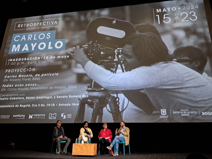 Conversatorio en la inauguración de "Retrospectiva Carlos Mayolo" en la Cinemateca Distrital. De izquierda a derecha: Rito Alberto Torres, Ivan Reina, Beatriz Caballero y Néstor Amortegui