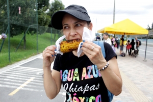 Persona degustando de una mazorca asada, en un puesto callejero por la av 68|Puesto de chorizo callejeros en el septimazo|En diagonal 42 se encuentra uno de los mejores puestos de desayunos|Chicharrones donde Tulio ubicado al frente de Unilago|Típico mango biche con zumo de limón industrializado|Jugo de chontaduro cerca de la Universidad del Rosario|Puesto de arepas en Mazuren|Uno de los placeres de la vida, una mazorca|El típico chontaduro|Una buena arepa rellena|Puesto de jugos y frutas en el Parque Simón Bolívar|||